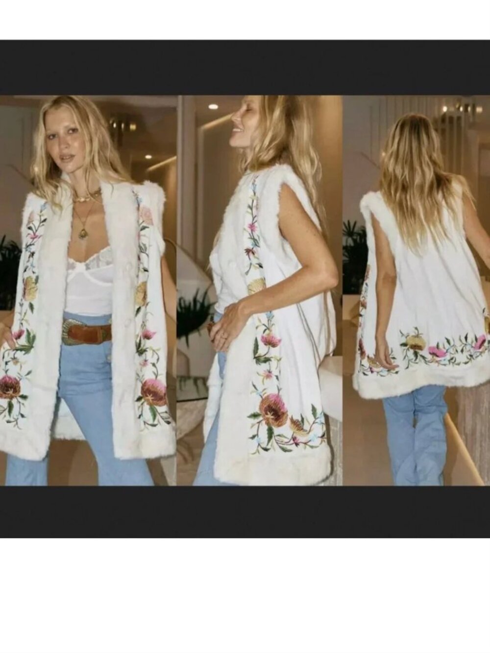 Chasing Unicorns New York Groove Embroidered Velvet Fur Vest White Boho